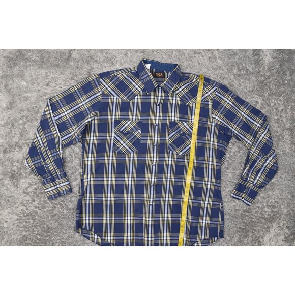 VTG Tem Tex Western Made in USA Men Blue Plaid Casual Cotton Snap Shirt 17.5 36 - Picture 2 of 8